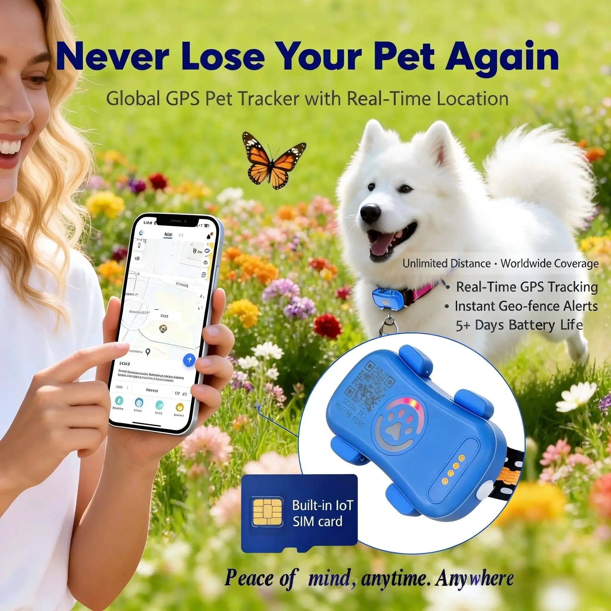 GPS Pet Tracker by Simples Market; blue device with built-in IoT SIM, shown with smartphone map and a happy dog.