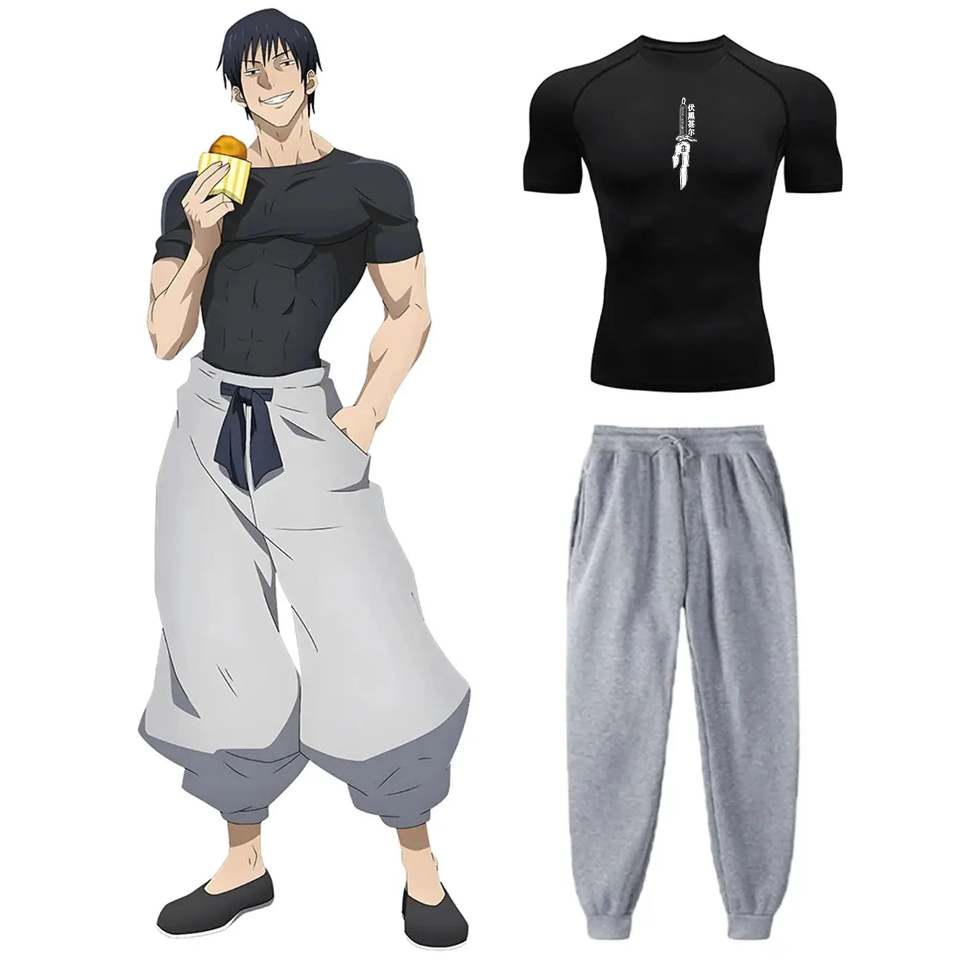 Simples Market Jujutsu Kaisen Toji compression shirt set; black tee + gray sweatpants, unisex athletic wear.