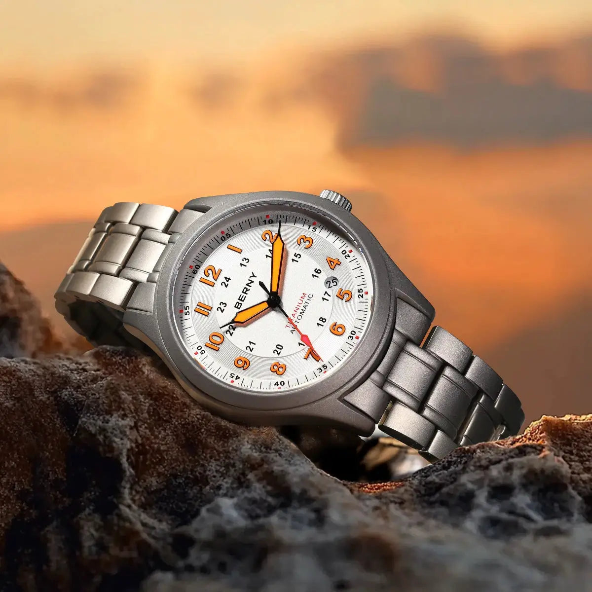 BERNY automatic titanium men's watch with white dial, orange numerals and metal bracelet