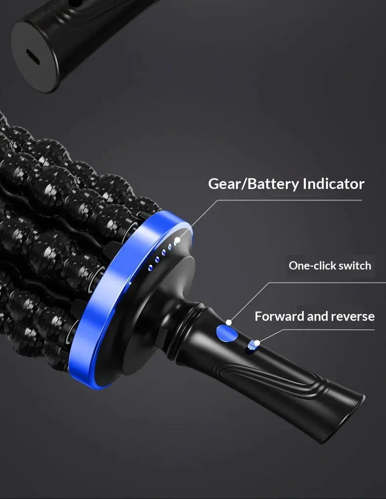 Simples Market rechargeable rolling percussive massager; handheld black roller with blue ring and 72 massage points