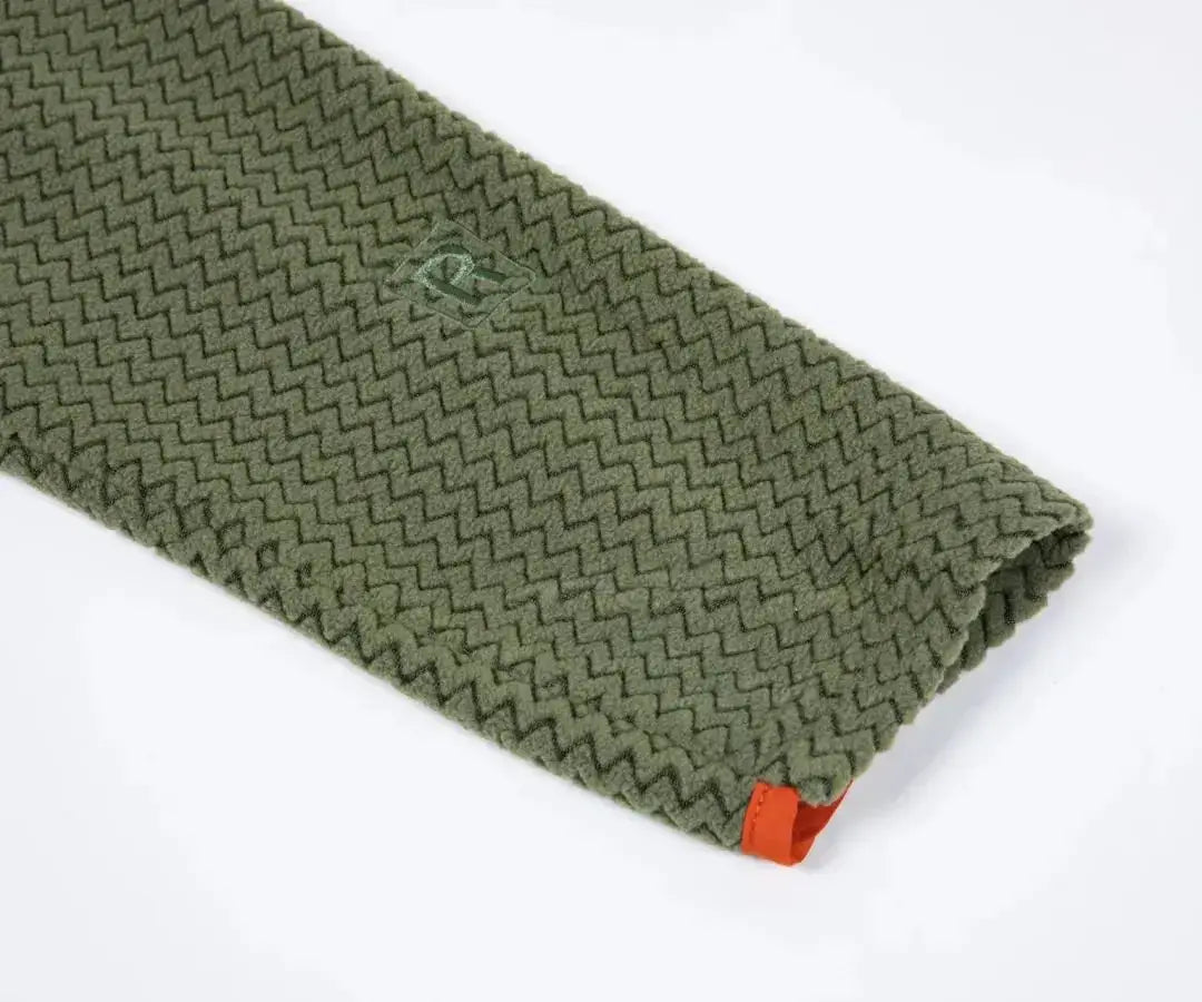 Fleece long-sleeve sweatshirt sleeve in olive green with a wavy texture and orange accent.