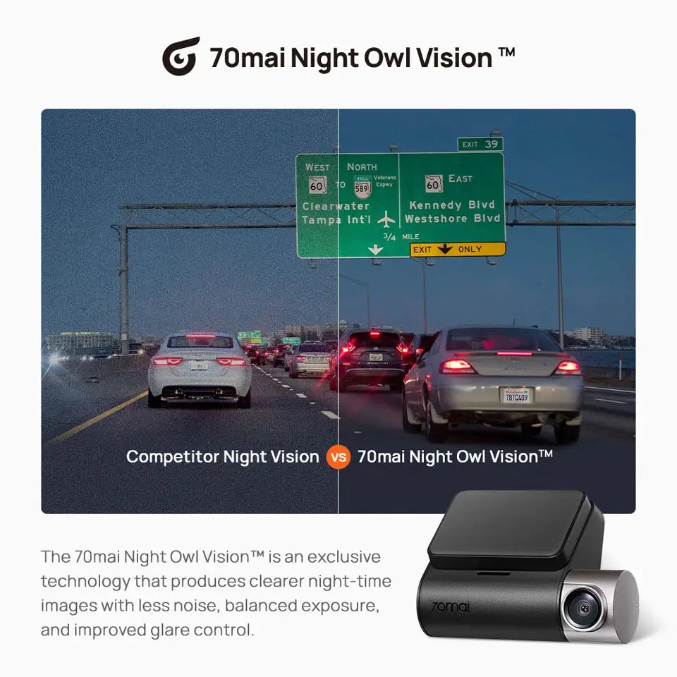 70mai Dash Cam A510 night-vision front camera, black body with silver lens