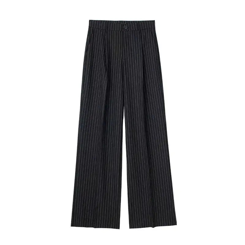 HXAO Women's Striped Grey and Black Wide Leg Formal Pants High Waist Baggy Trousers for Office