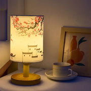 LED table lamp with plum blossom fabric shade, Chinese style, dimmable bedside light on wooden base