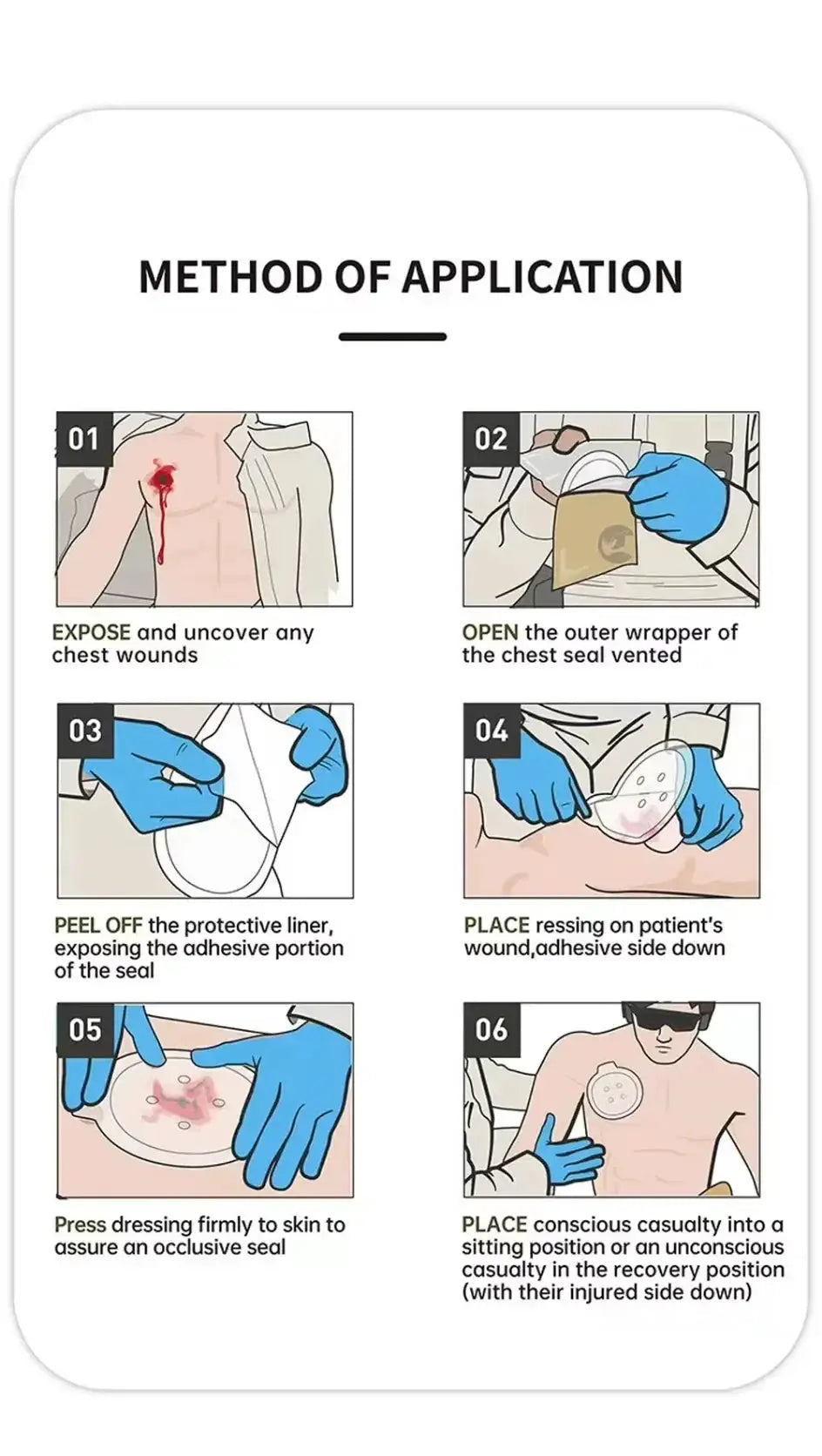 Chest Seal life-saving wound care kit by Simples Market; sterile, transparent, lightweight with step-by-step application infographic.