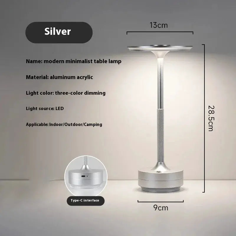 Simples Market wireless dimmable table lamp, silver aluminum acrylic, rechargeable touch desk lamp with LED light