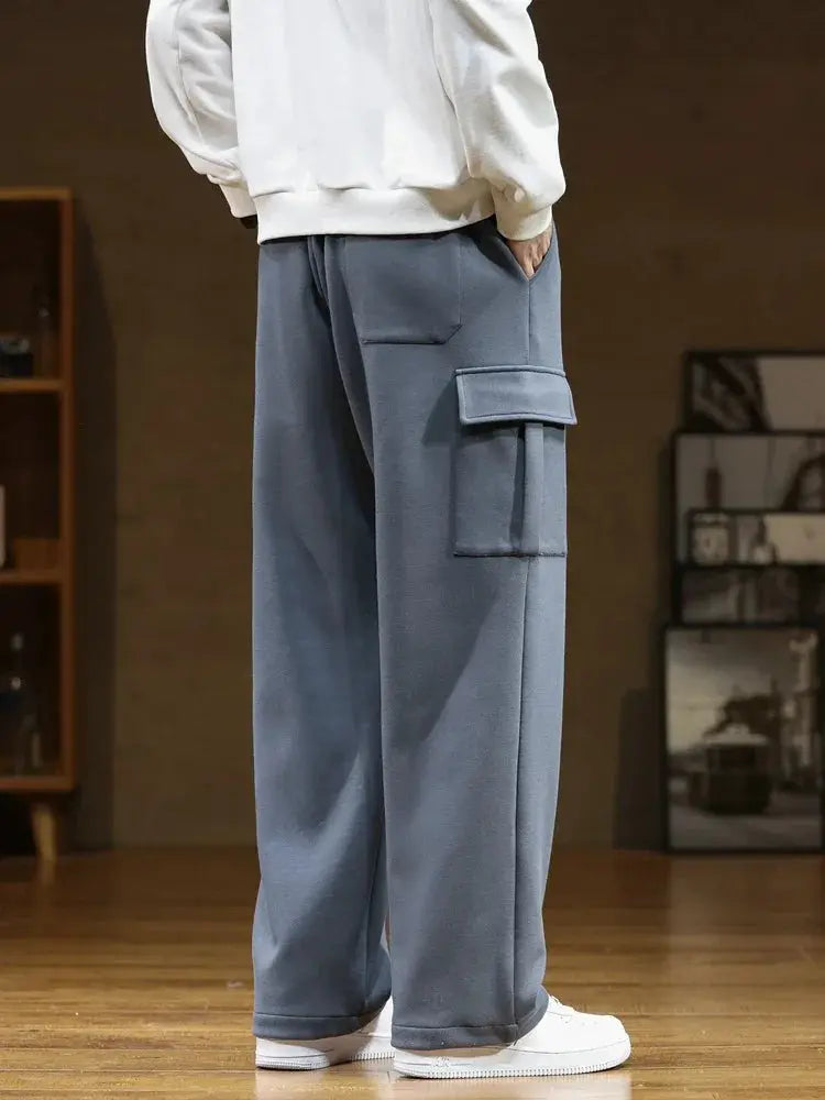 Men's blue-gray cargo sweatpants with multiple pockets, wide straight legs, cotton casual fit