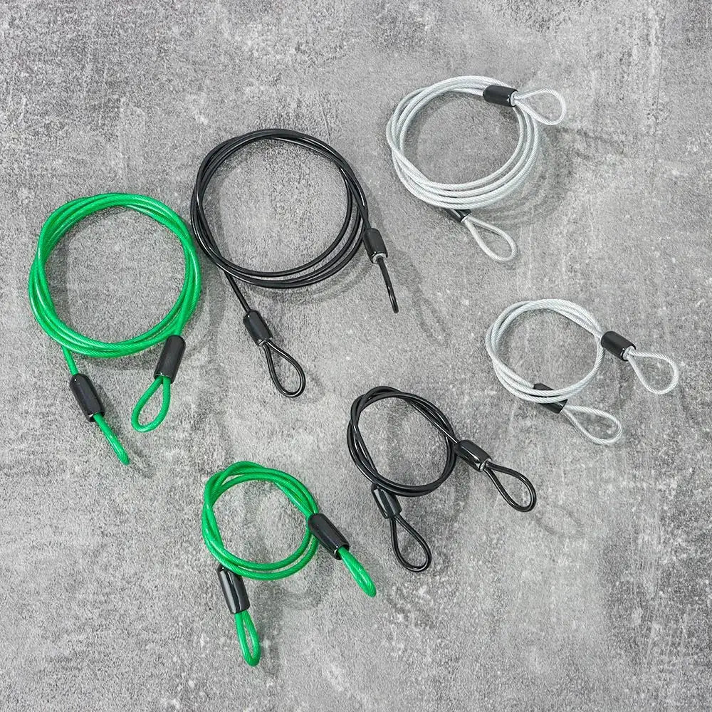 Six bicycle lock cables; steel wire security cables with loop ends in green, black, and white (0.5/1/2m)