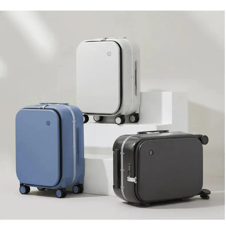 Mixi patent design aluminum-frame carry-on suitcases set of 3 in white, blue, and black.