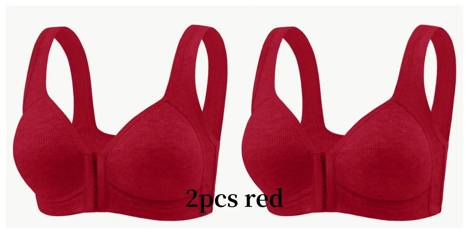 Women's red wire-free front-closure bra, full-coverage, 2-piece set