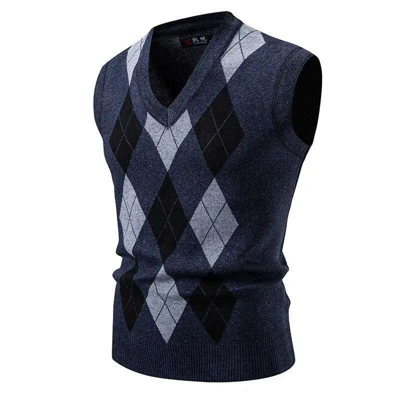 Men's navy argyle knitwear vest with V-neck, sleeveless, slim fit