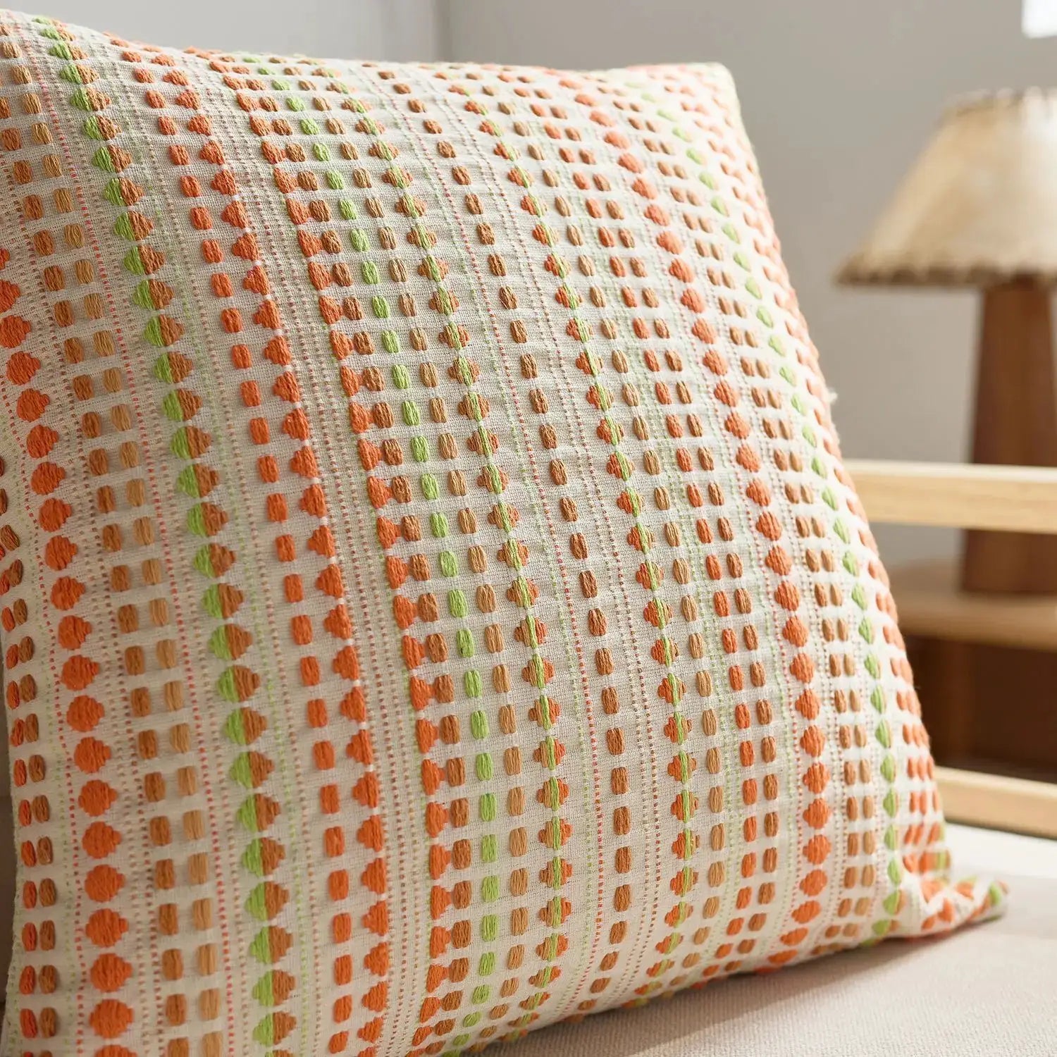 Boho Dots Jacquard Cushion Cover 45x45cm with zipper closure; orange and lime green on ivory.
