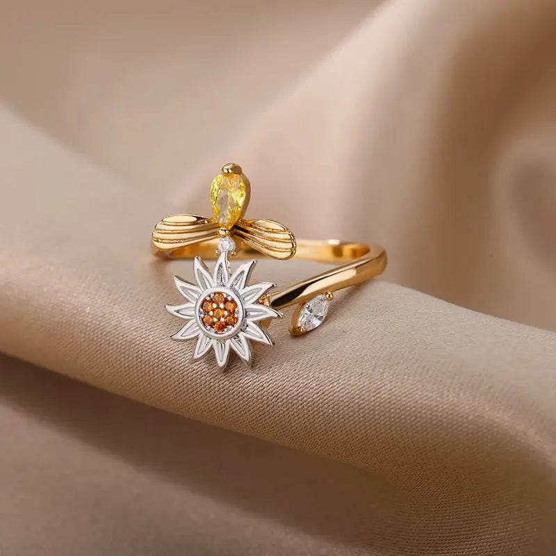 Stainless Steel Spinner Ring For Women Sunflower Motif Anti Stress Anxiety Fidget Jewelry Gift Dropshipping