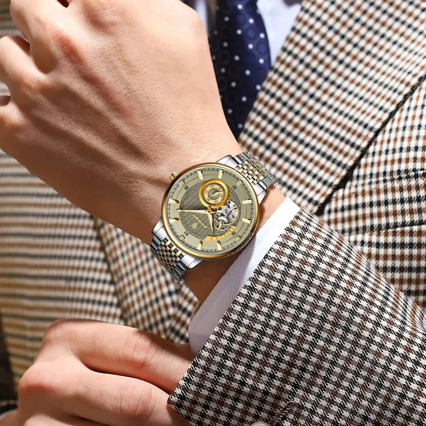 POEDAGAR luxury men's wristwatch with skeleton tourbillon, gold bezel, two-tone stainless steel band