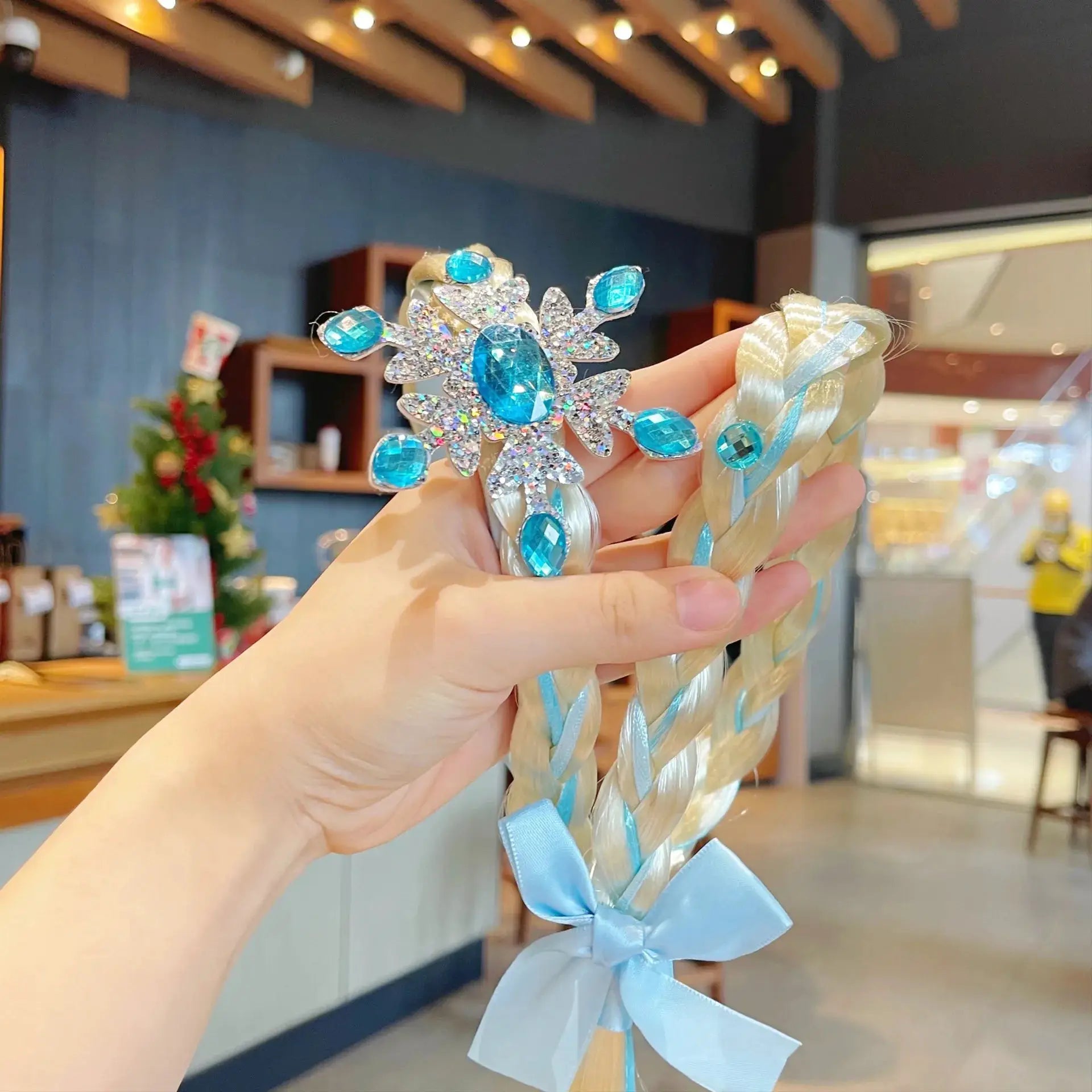 Frozen Elsa princess crown headband with turquoise gem accents and braided light-blue ribbon by Simples Market