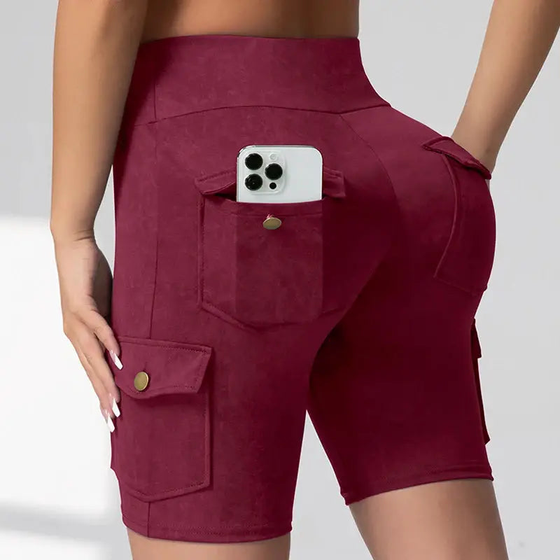 Women's burgundy cargo-pocket leggings with back phone pocket and butt-lifting fit
