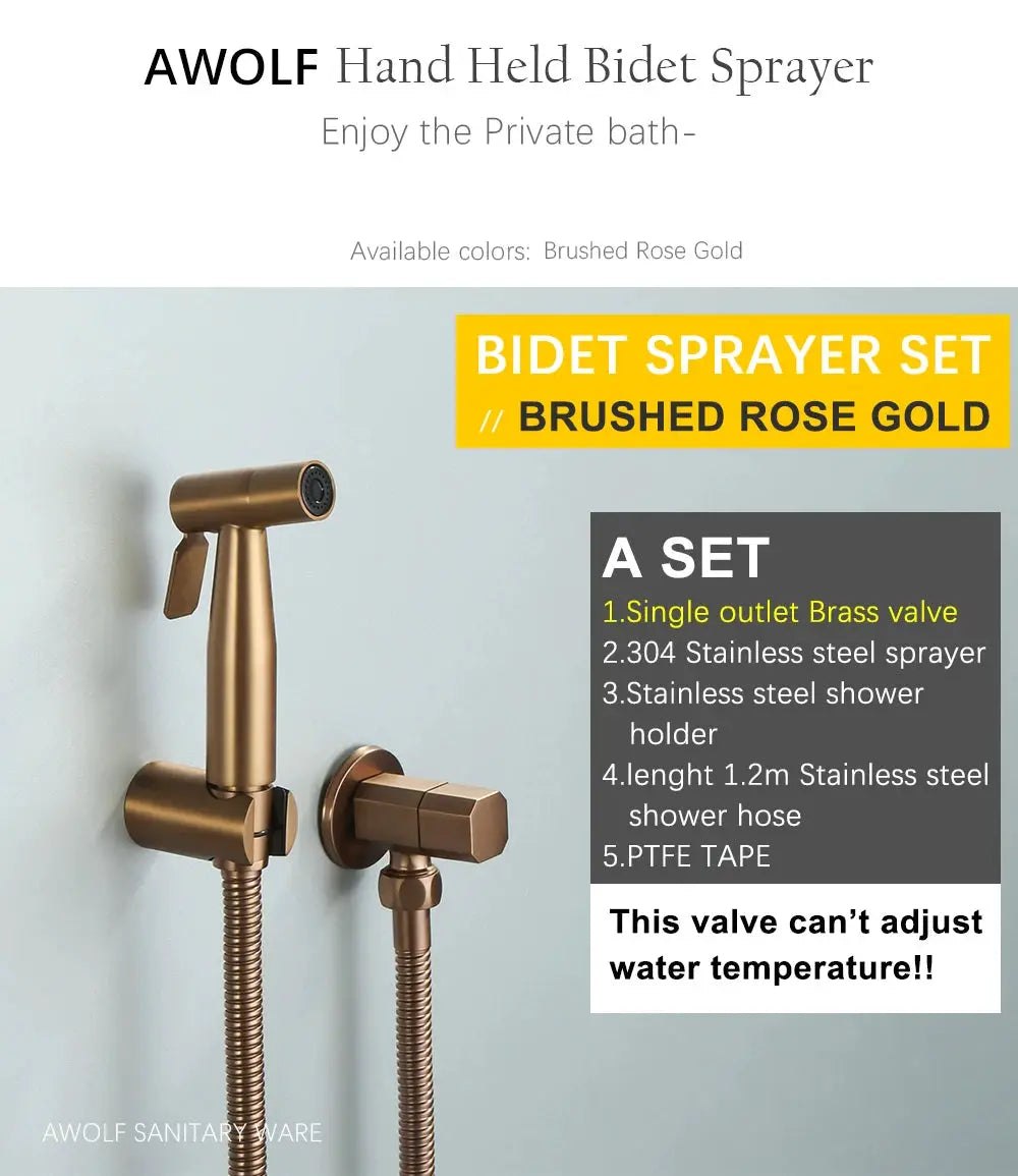 AWOLF handheld bidet sprayer set in brushed rose gold with stainless hose and wall mount