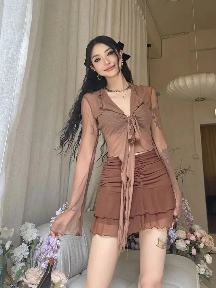 Korean Couture Lace Up Mesh Blouse With Long Flare Sleeve Slim Fit Top For Modern Sophisticated Style