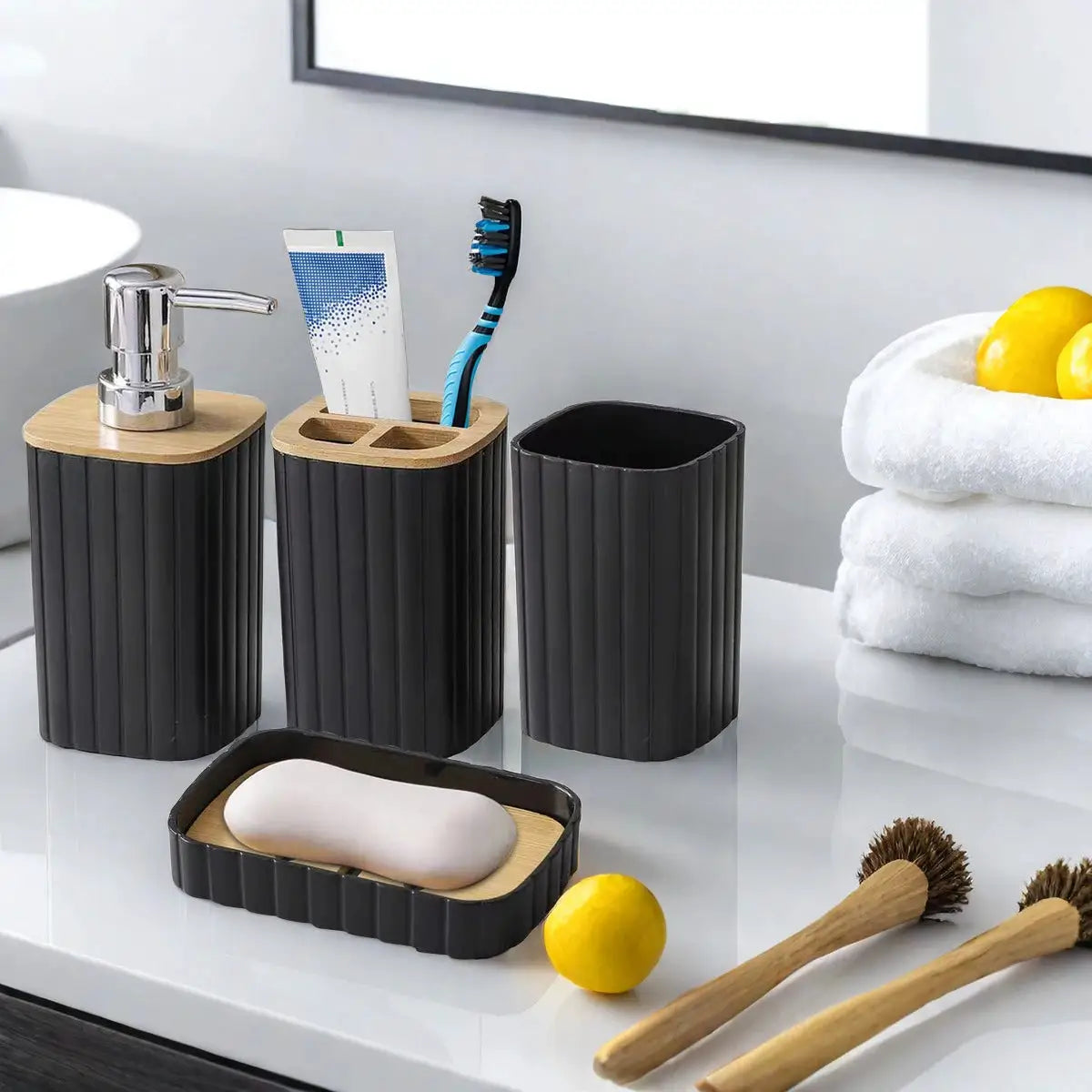 Simples Market 4-piece bathroom set in black ribbed with wood accents: hand soap dispenser, toothbrush cup, two holders, soap dish