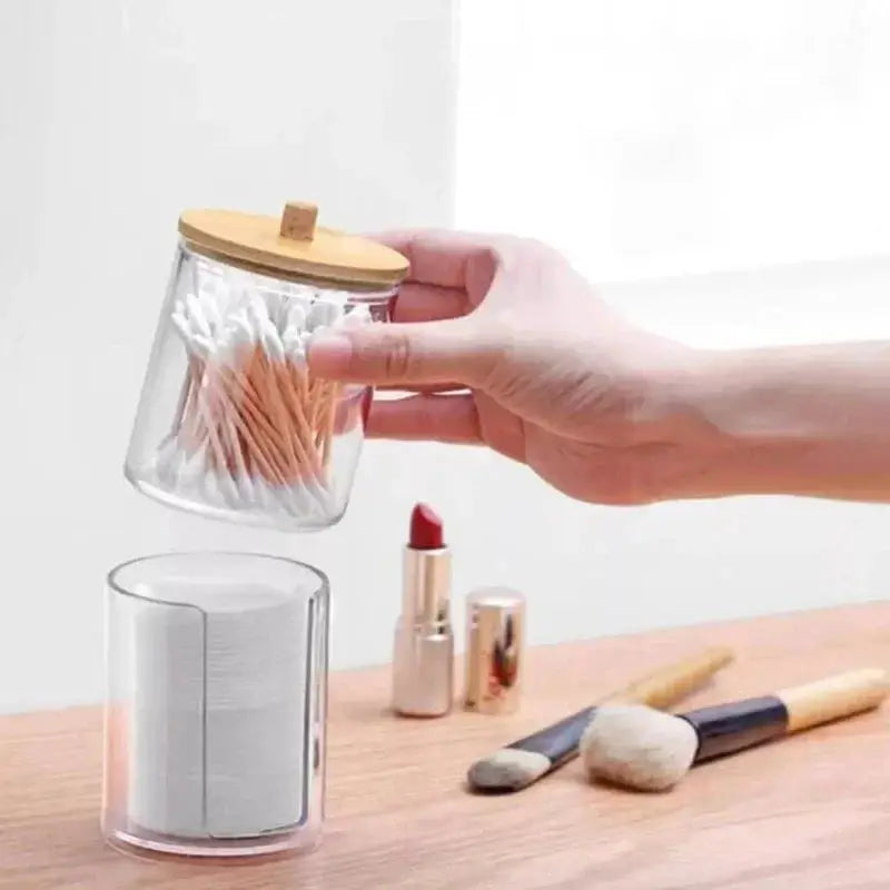 ClearNest Acrylic Storage Box Bathroom Organizer Transparent Box With Bamboo Lid For Cotton Pads Swabs QTips