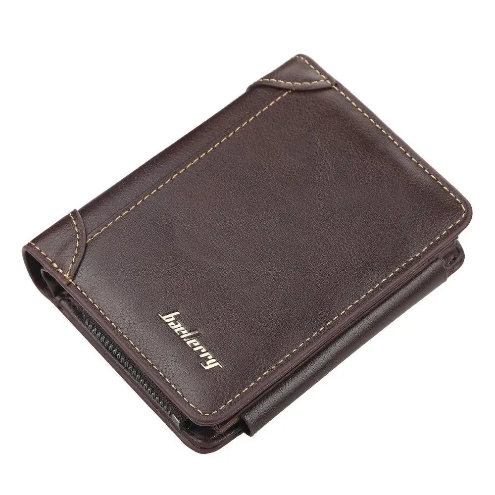 Baellerry men's brown PU leather short wallet with RFID blocking and zippered coin pocket, Simples Market