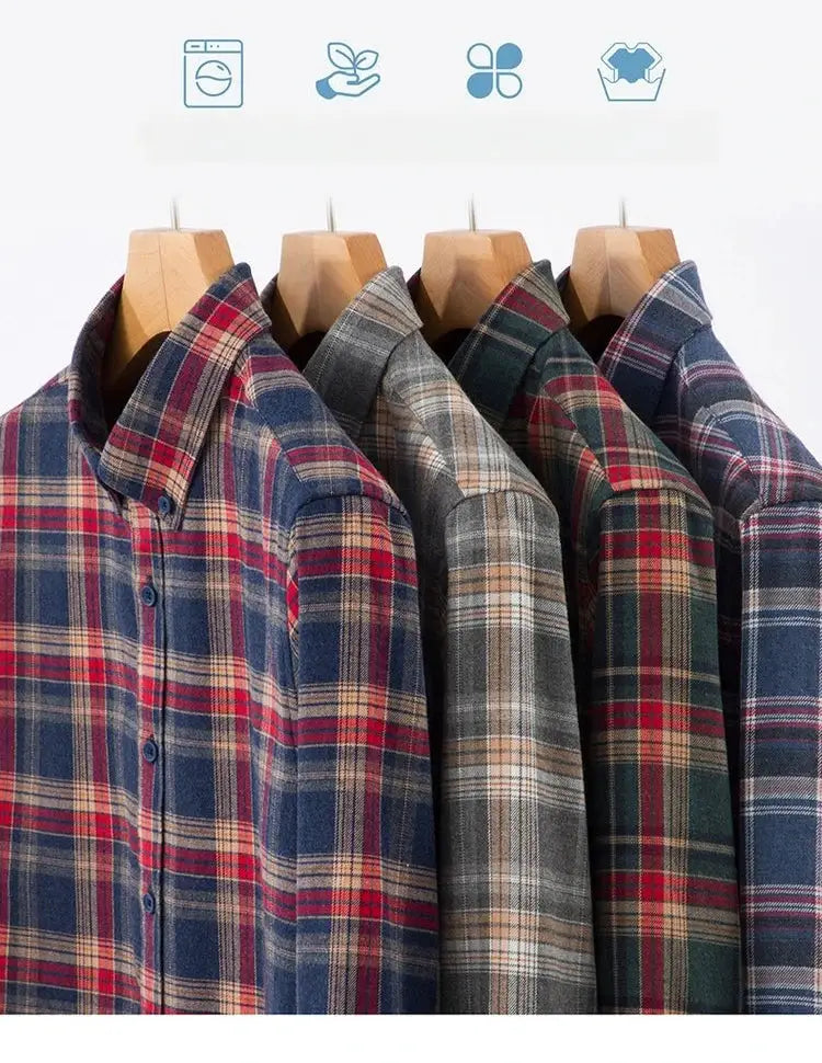 Men's 100% cotton flannel shirts by Simples Market, plaid multi-color on hangers, set of 4