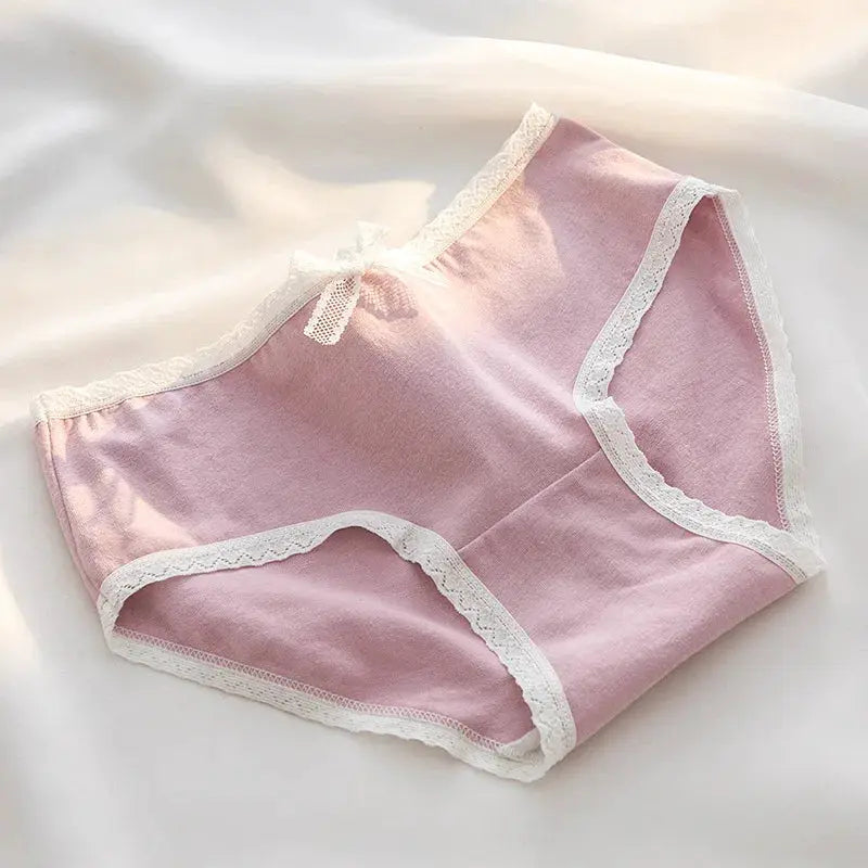 Simples Market women's pink cotton panties with white lace trim and bow detail