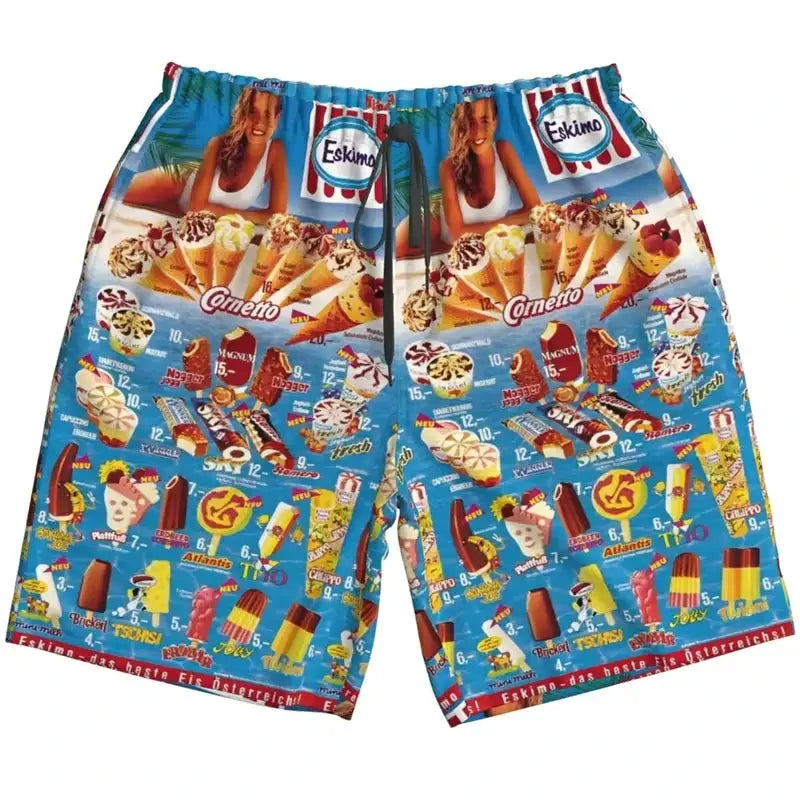 Unisex blue board shorts with colorful ice cream and candy print for the beach