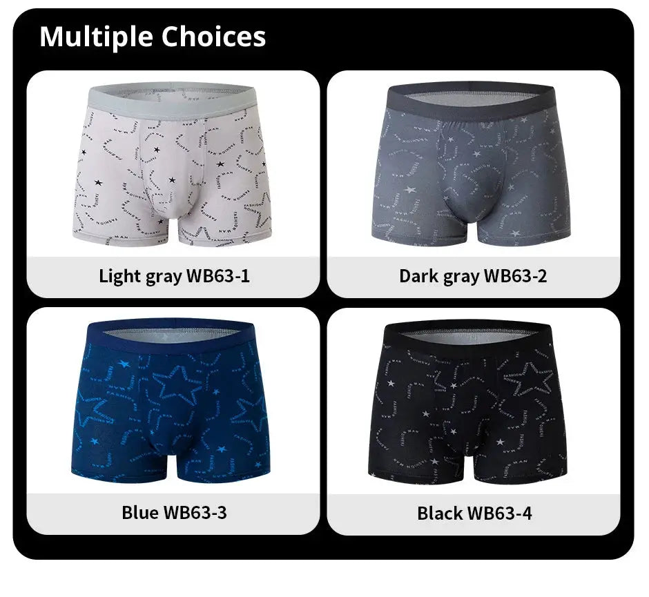 Men's printed fashion boyshort underwear by Simples Market, 4-pack in light gray, dark gray, blue, and black with star patterns.