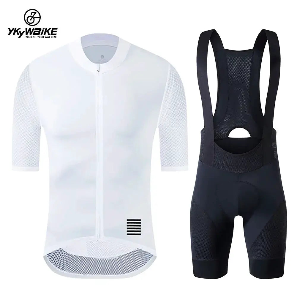 YKYWBIKE cycling jersey set: white jersey with mesh sleeves and black bib shorts