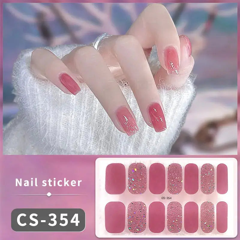 Nail sticker sheet CS-354 from Simples Market; 14/16-tip full-cover gradient pink glitter press-on decals