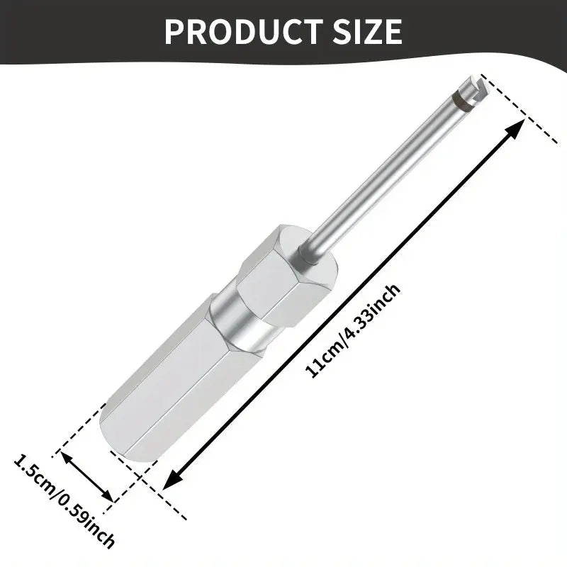 Tire valve stem core remover tool, chrome-plated metal construction, 11 cm long
