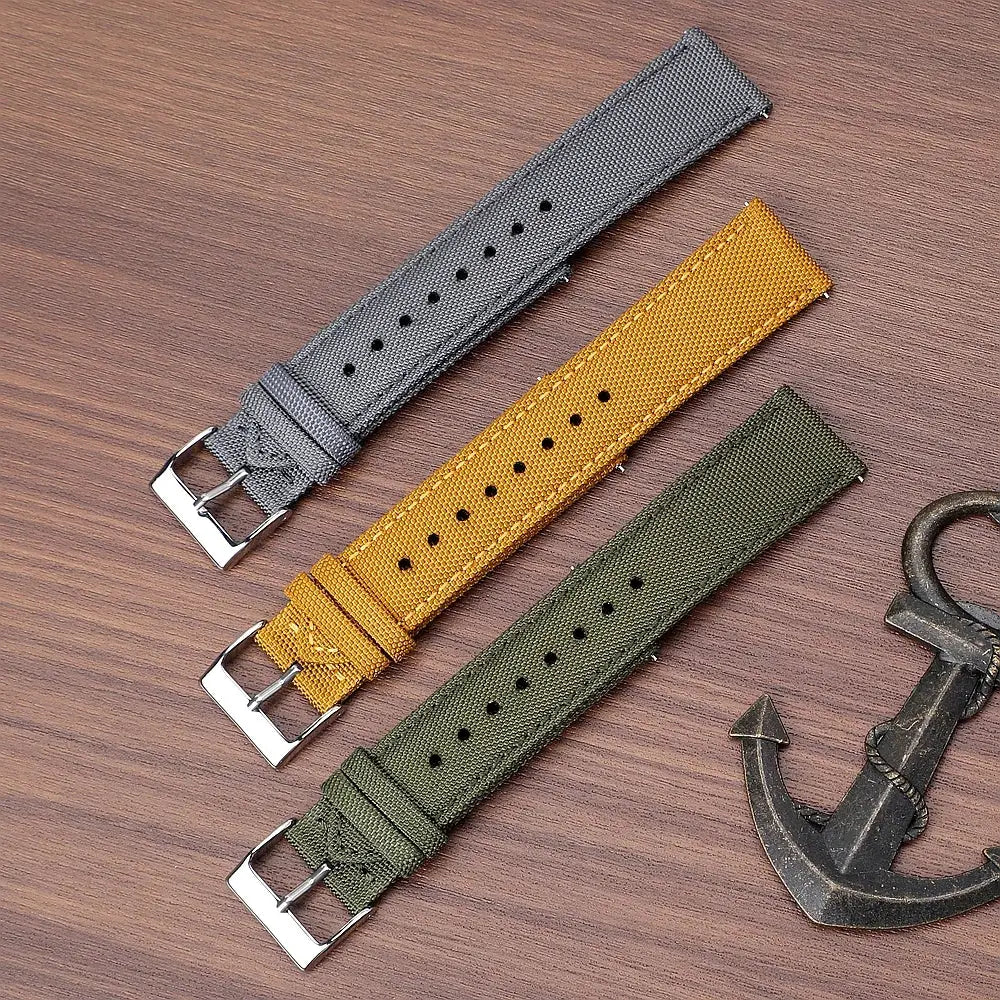 Watch straps set: three waterproof sailcloth nylon bands with quick-release, in gray, mustard, and olive green.