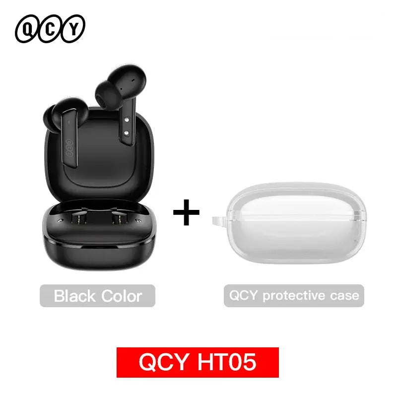 QCY HT05 ANC wireless earbuds in black with charging case plus clear protective case