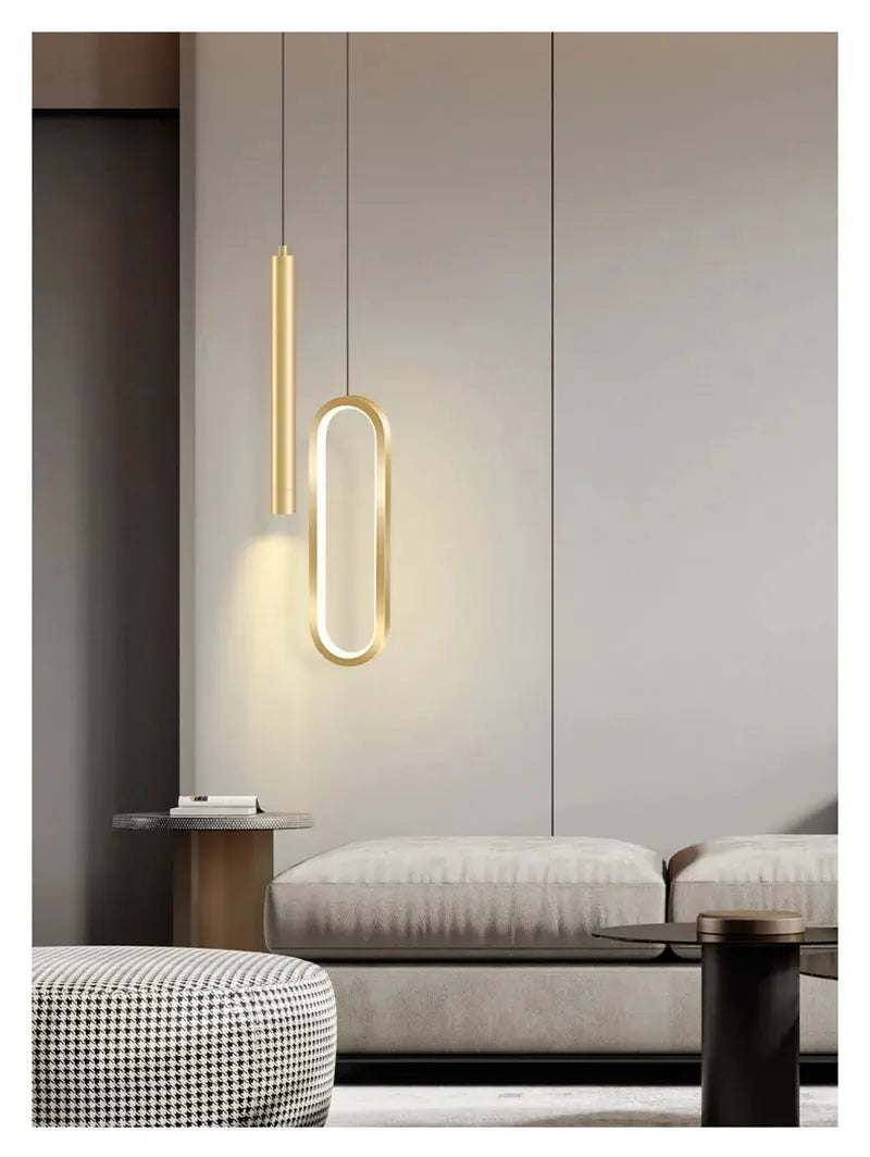 Nordic LED pendant lights, two gold-finish hanging lamps for living room and dining.
