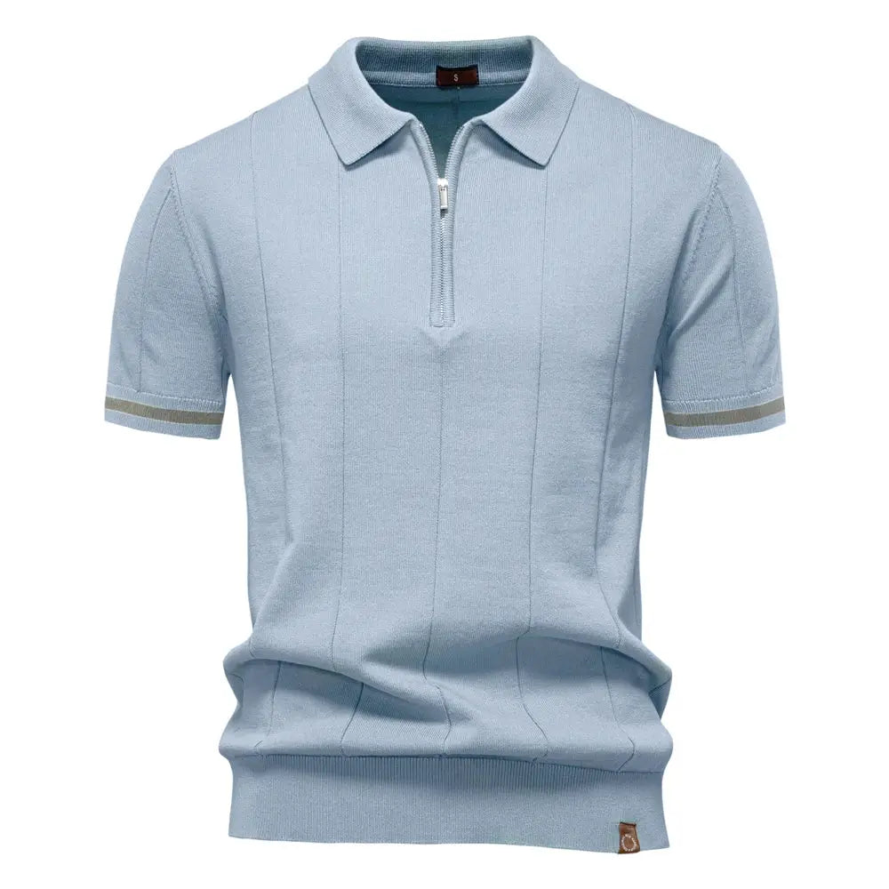 AIOPESON men's zip polo shirt, light blue with vertical knit panels and striped sleeve cuffs.