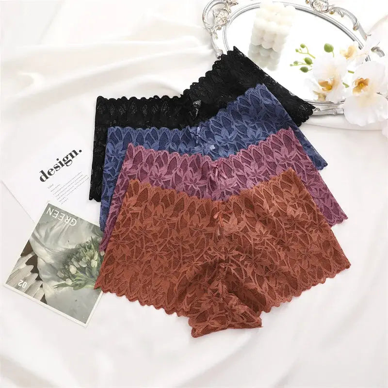 4pcs Simples Market women's floral lace panties set, V-waist, breathable underpants in assorted colors