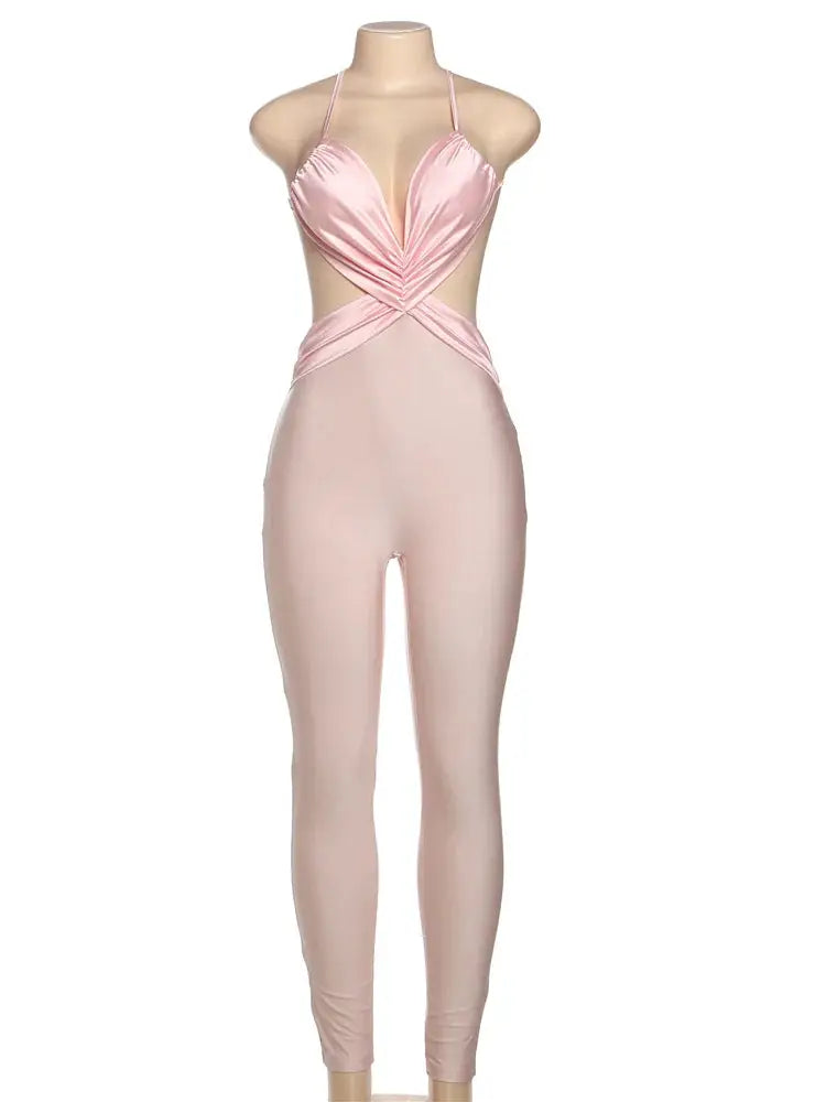 Kliou cross-pleated backless pink satin jumpsuit for women, party clubwear