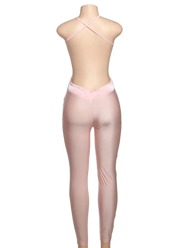 Pink silky backless cross-back jumpsuit for women, skinny fit, full-length legs, Simples Market