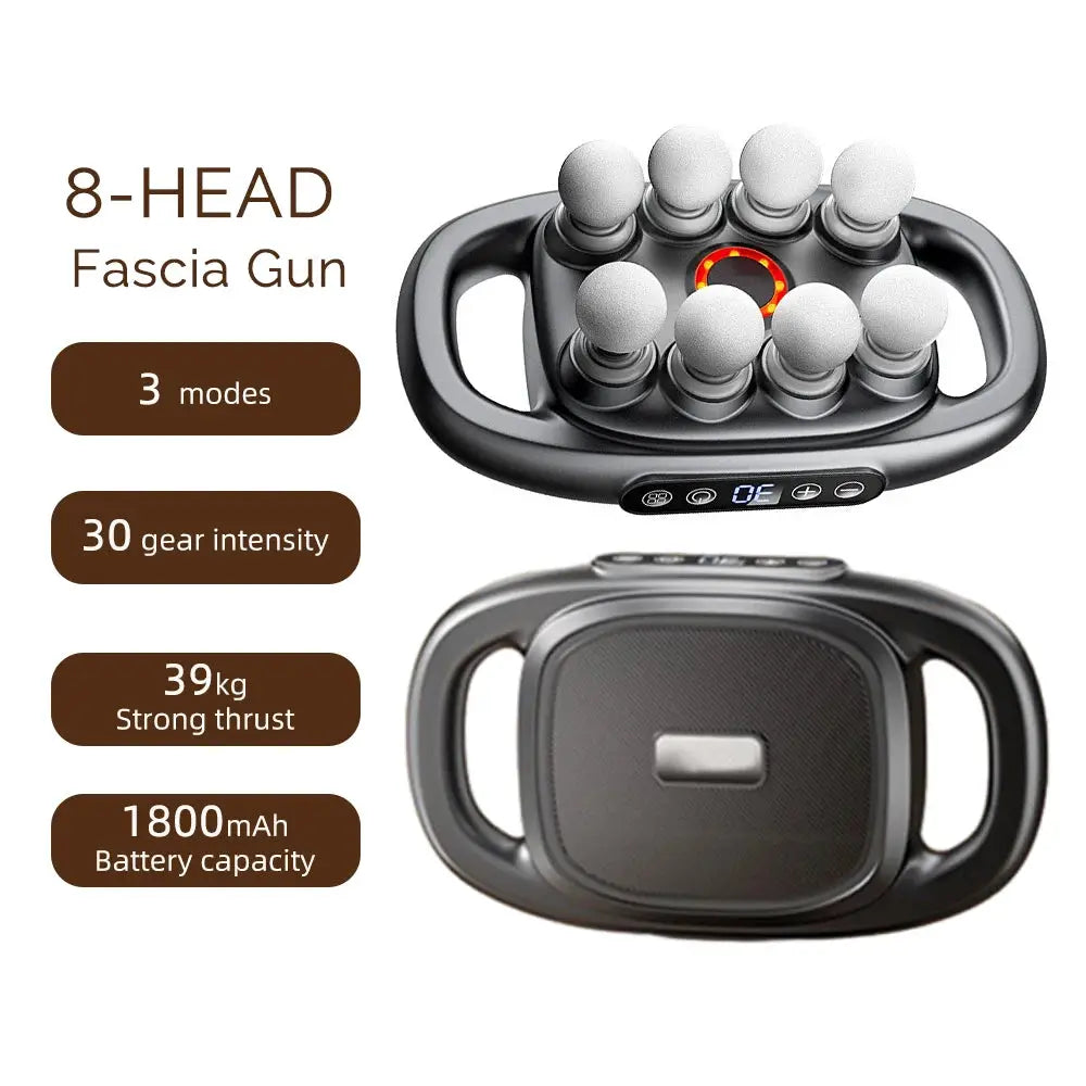 8-head fascia gun, black handheld massager with 3 modes and 30 intensity levels; 1800mAh battery.