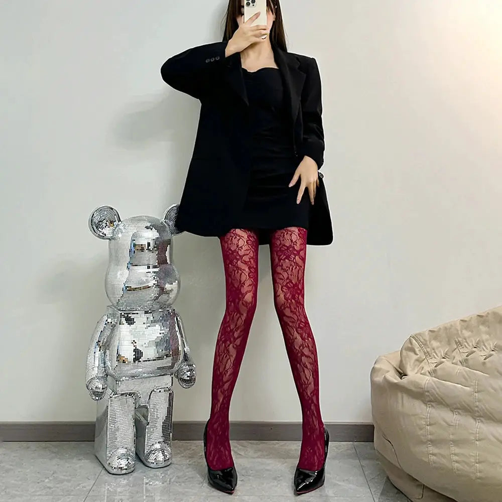 Lolita Bloom Black Flower Lace Mesh Stockings Vintage Floral Rattan Pattern Pantyhose