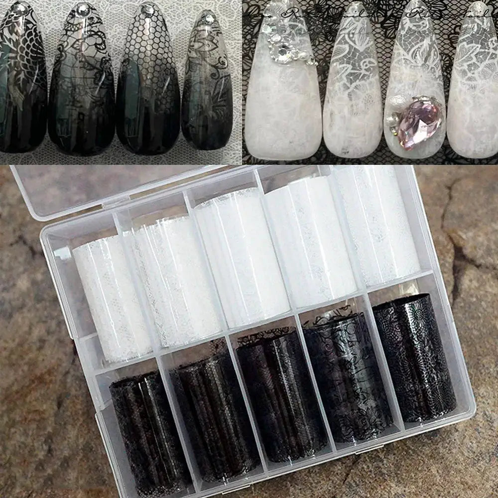 Nail decals: black and white lace transfer stickers for full-wrap nails; 10-roll box by Simples Market