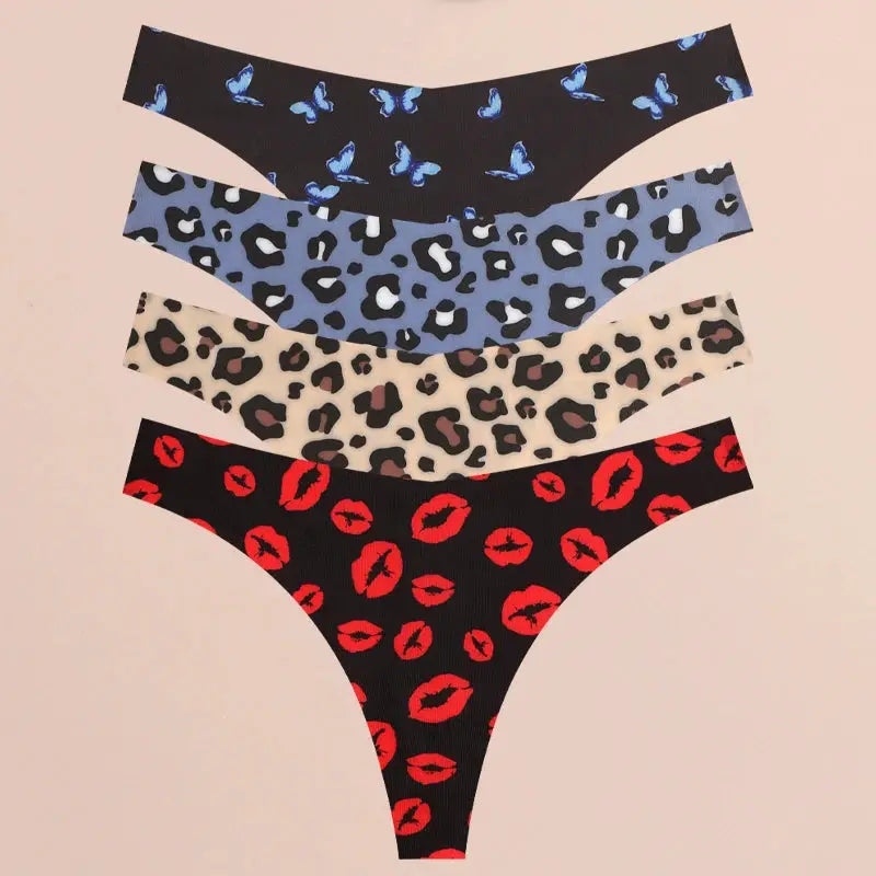 FINETOO 4-pack seamless thong underwear for women in prints: blue butterflies, blue leopard, beige leopard, red lips.