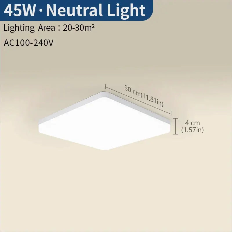MARPOU square LED ceiling lamp by Simples Market in white; 30 cm square, 4 cm thick.
