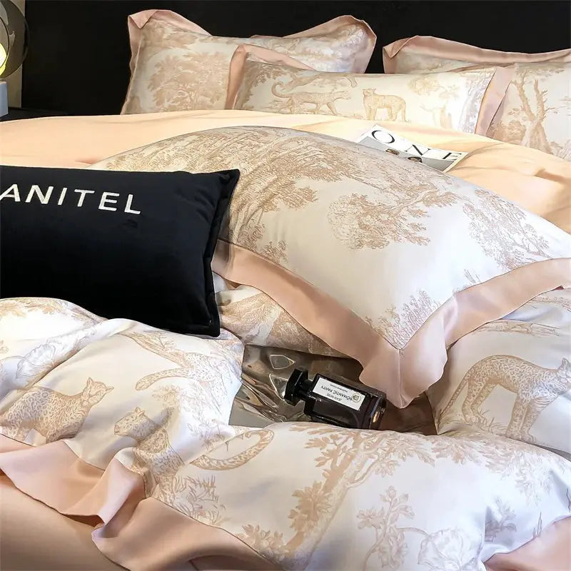 Eucalyptus Lyocell bedding in blush ivory with forest plants and leopard toile, duvet cover with sheets and pillowcases