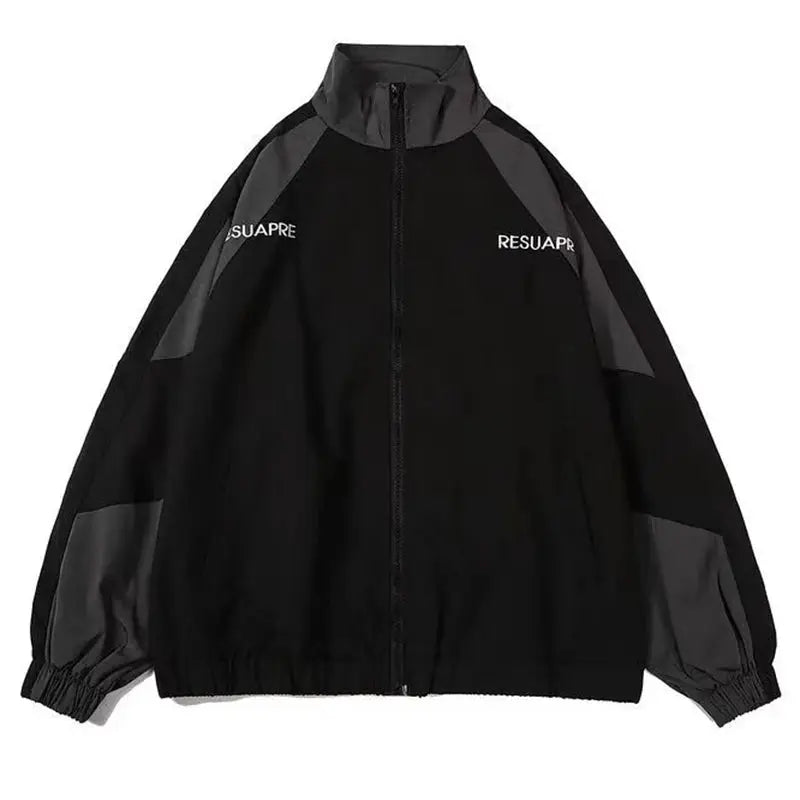 Hip Hop varsity windbreaker jacket, black with gray patchwork panels, front zipper, loose fit.