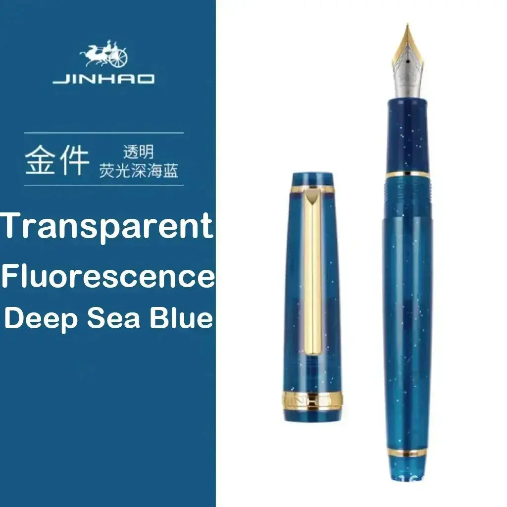 Jinhao 82 fountain pen in deep sea blue with gold trim, two pens shown, capped and uncapped, extra-fine nib