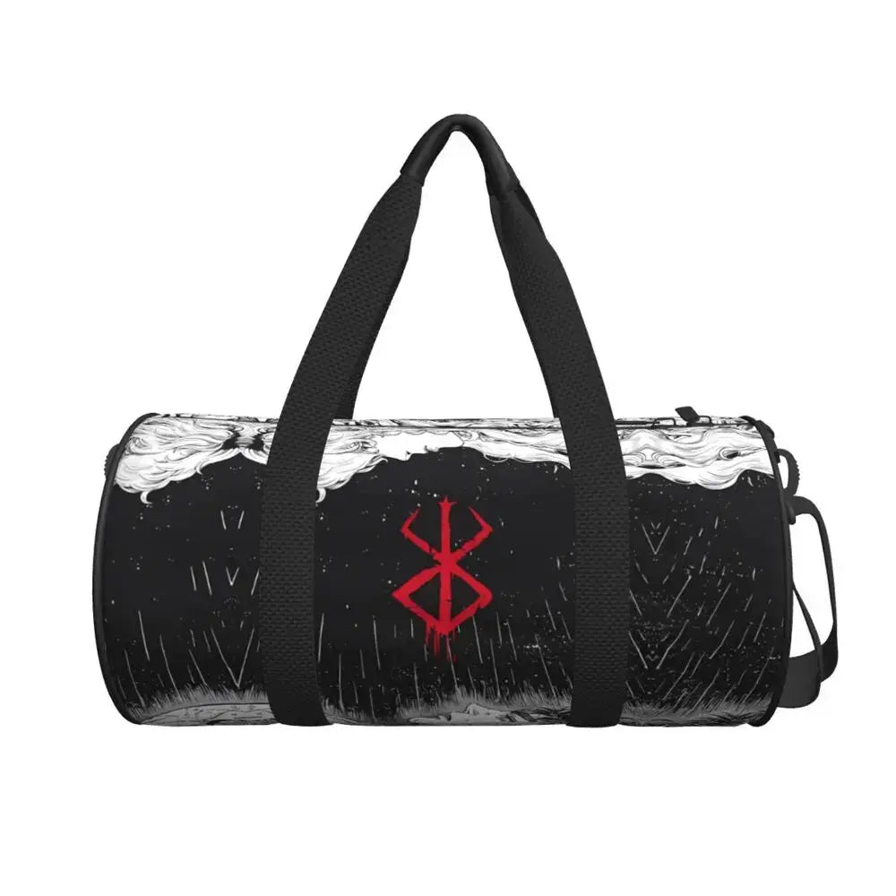 Japan Anime Berserk gym bag by Simples Market, black duffel with red emblem and white pattern, large capacity