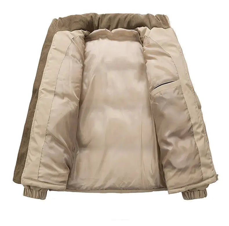 Men's beige color-block puffer jacket with ribbed cuffs, shown open to reveal warm quilted interior.