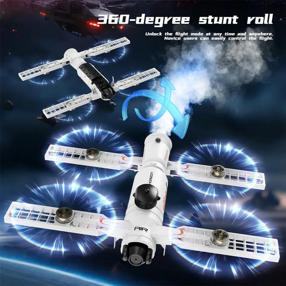 Three white quadcopter drones with 360-degree stunt roll, shown from multiple angles